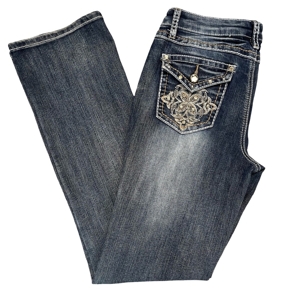Earl Jean Womens Bootcut Jeans Dark Wash Rhinestone Embroidered Flap Pocket‎ 4